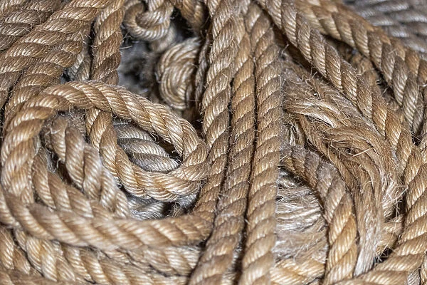 Coiled natural fiber fishing rope used in Nova Scotia fishing vessels