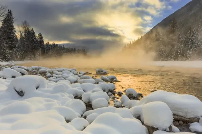Framed Print : Very cold sunrise over the South Fork of the Flathead River in Hungry Horse, Montana, USA Framed Print : Very cold sunrise over the South Fork of the Flathead River in Hungry Horse, Montana, USA