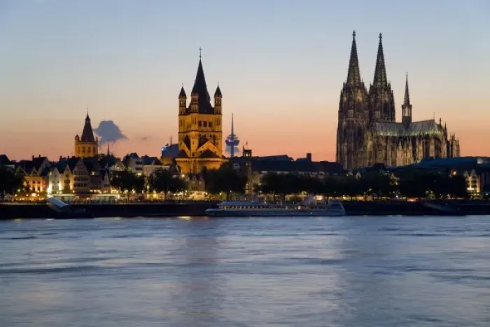 Framed Print : Colognes skyline at dusk from across teh Rhine, left to right: Altes Rathaus Framed Print : Colognes skyline at dusk from across teh Rhine, left to right: Altes Rathaus