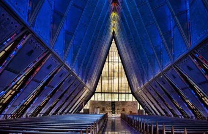 Framed Print : Colorado Springs Colorado Air Force Academy famous Chapel Church interior blue points