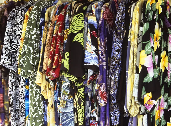 Colorful aloha shirts in quaint Honomu on Hawaii, the Big Island, in Hawaii