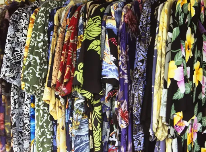 Framed Print : Colorful aloha shirts in quaint Honomu on Hawaii, the Big Island, in Hawaii