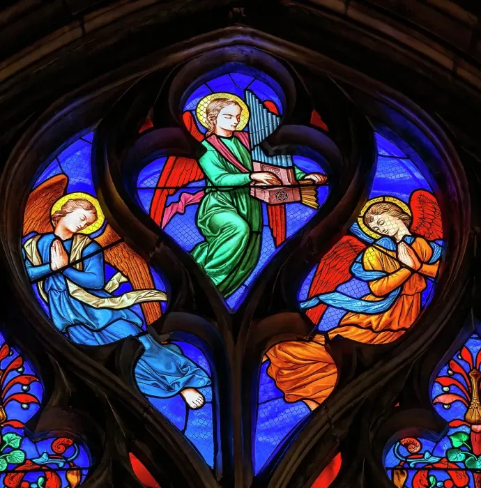 Framed Print : Colorful angels stained glass, Eglise Saint-Bonaventure, Lyon, France. Church finished 1327. One of last Medieval buildings in Lyon. (Editorial Use Only)