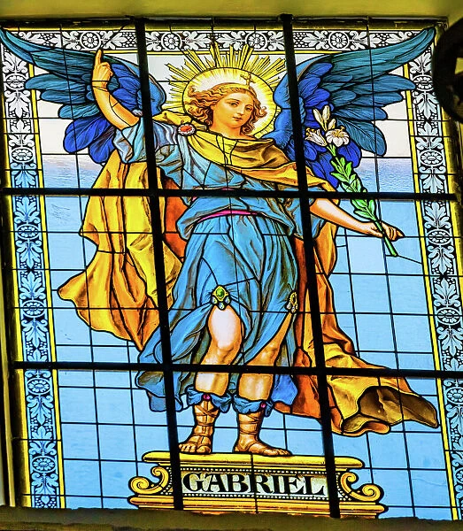 Colorful Archangel Gabriel Stained glass Cathedral Puebla, Mexico