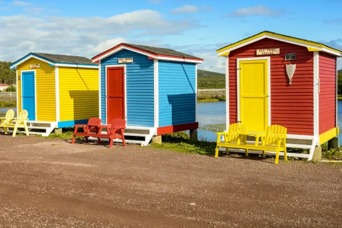 Framed Print : Colorful beach huts, Cavendish, Newfoundland, Canada