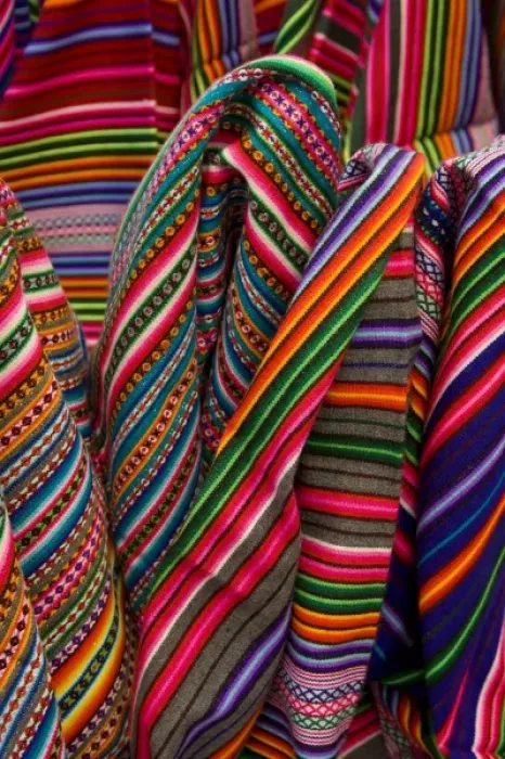 Framed Print : Colorful blankets on display at market, Huaraz, Peru