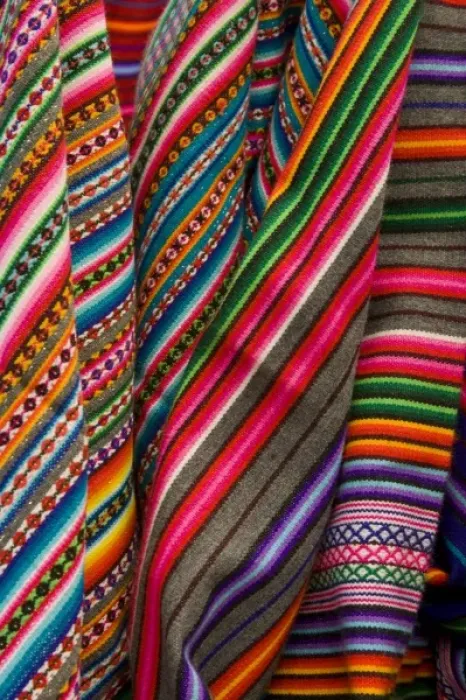 Framed Print : Colorful blankets on display at market, Huaraz, Peru