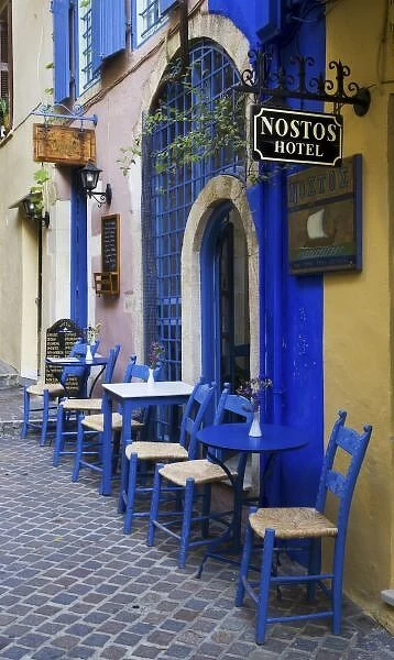 Colorful Blue doorway and siding to old hotel in Old town of Chania Greek Island of Crete