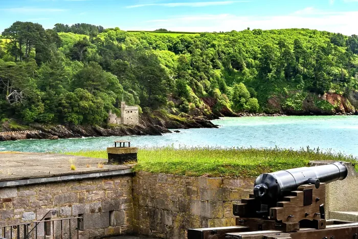 Framed Print : Colorful cannon Dartmouth Castle, Kingswear, Devon, England. Castle originally built 1300's to protect harbor and River Dart