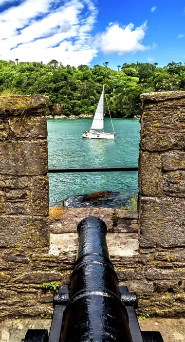 Framed Print : Colorful cannon Dartmouth Castle, Devon, England. Castle originally built 1300's to protect harbor and River Dart