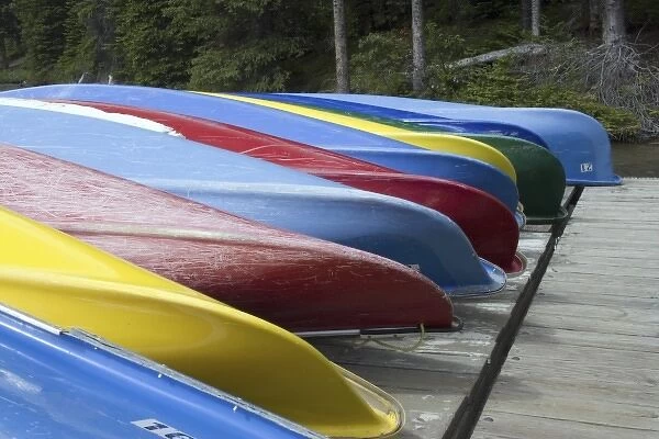Colorful canoes at Moraine Lake, Banff National Park, Canada