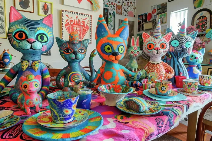 Framed Print : Colorful cat models and dishes on table. (AI Generated) Framed Print : Colorful cat models and dishes on table. (AI Generated)