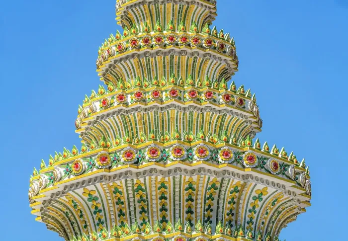 Framed Print : Colorful ceramic Chedi spire pagoda, Wat Pho Temple, Bangkok, Thailand. Built in 1600's. One of the oldest temples in Thailand