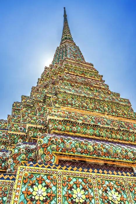 Framed Print : Colorful ceramic Chedi spire pagoda, Wat Pho Temple, Bangkok, Thailand. Built in 1600's. One of the oldest temples in Thailand