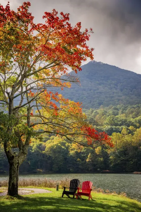 Framed Print : Colorful chairs on the banks of the lake, Peaks Of Otter, Blue Ridge Parkway, Smoky Mountains, USA