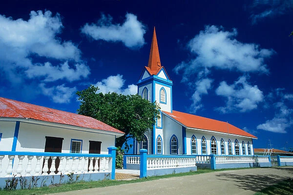 A colorful church on the island of Tahaa in the Society Islands of French Polynesia