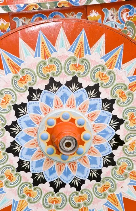 Framed Print : Colorful close up of famous wheel for carriages that are traditional in and around