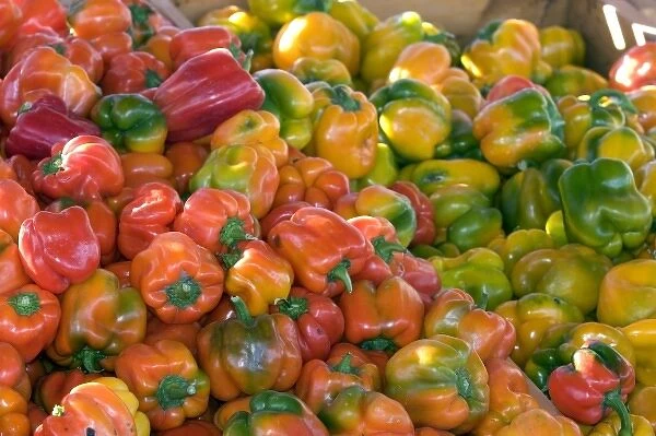 A colorful display of peppers at a roadside fruit stand in Fruitland, Idaho