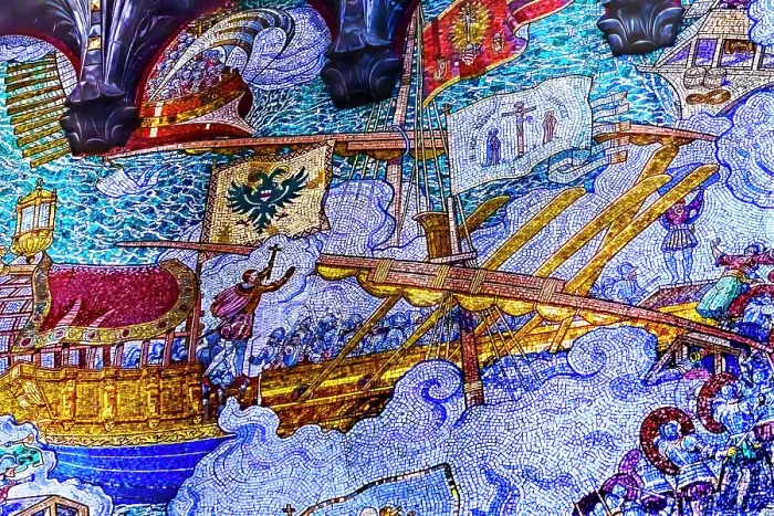 Framed Print : Colorful Gilded Battle of Lepanto mosaic, Basilica of Notre Dame de Fourviere, Lyon, France. Lepanto 1571 Pope and Christians defeated Turks in Greece. Church built from 1872 to 1896. (Editorial Use Only)