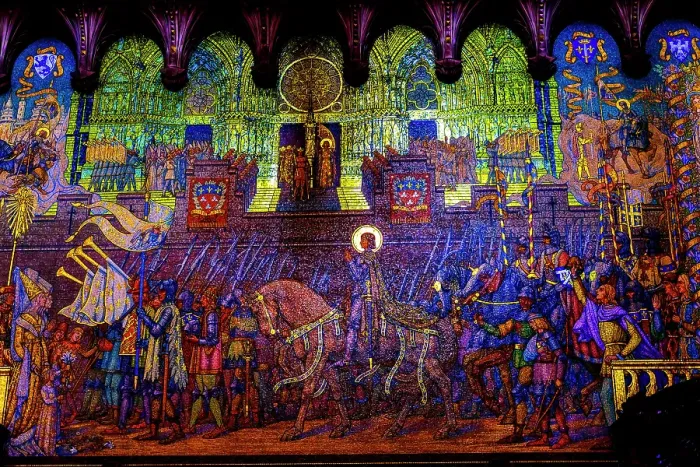 Framed Print : Colorful Gilded Saint Joan of Arc Mosaic Basilica of Notre Dame de Fourvière Lyon France. Joan of Arc Patron French saint fought English 1400s, Martyred in Rouen. Church built from 1872 to 1896. Editorial Use Only Framed Print : Colorful Gilded Saint Joan of Arc Mosaic Basilica of Notre Dame de Fourvière Lyon France. Joan of Arc Patron French saint fought English 1400s, Martyred in Rouen. Church built from 1872 to 1896. Editorial Use Only