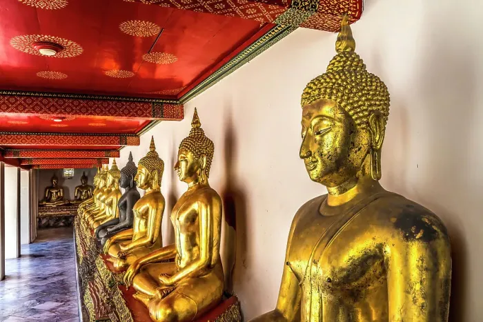 Framed Print : Colorful golden Buddhas, Wat Pho Temple, Bangkok, Thailand. Temple built in 1600's. Phra contains many historical buddhas from all over Thailand Framed Print : Colorful golden Buddhas, Wat Pho Temple, Bangkok, Thailand. Temple built in 1600's. Phra contains many historical buddhas from all over Thailand