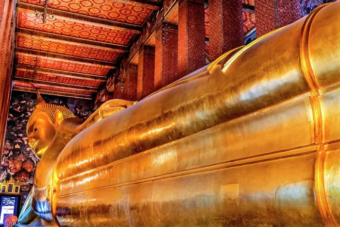 Framed Print : Colorful golden Reclining Buddha, Wat Pho Temple, Bangkok, Thailand. Temple built in 1600's. Reclining Buddha built in 1832 Framed Print : Colorful golden Reclining Buddha, Wat Pho Temple, Bangkok, Thailand. Temple built in 1600's. Reclining Buddha built in 1832