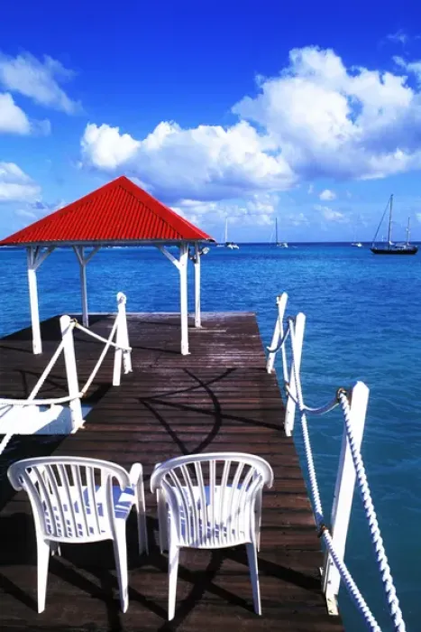 Framed Print : Colorful graphic of dock in St. Francois, Guadeloupe