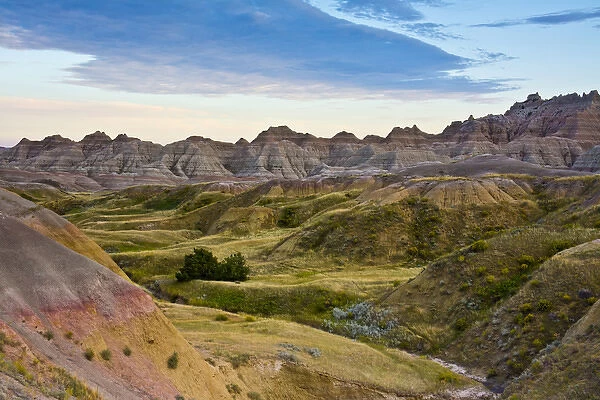 Colorful hills at sunset, Badlands Loop Trail, Badlanads National Park, South Dakota, USA