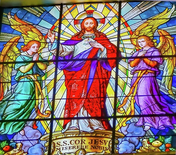 Colorful Jesus Archangels Stained glass Cathedral Puebla, Mexico