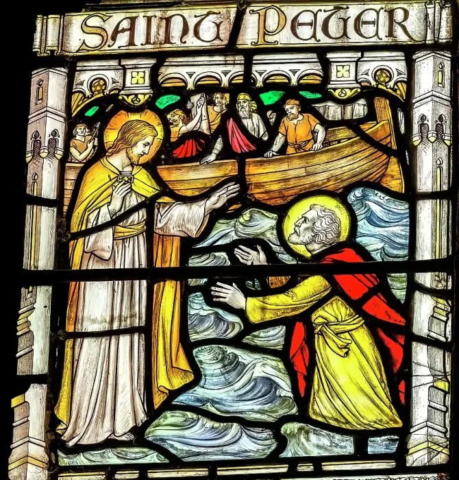Framed Print : Colorful Jesus Calling St. Peter Sea of Galilee stained glass, St. Petroc Church, Dartmouth, Devon, England. Church was originally founded in 1192. (Editorial Use Only) Framed Print : Colorful Jesus Calling St. Peter Sea of Galilee stained glass, St. Petroc Church, Dartmouth, Devon, England. Church was originally founded in 1192. (Editorial Use Only)