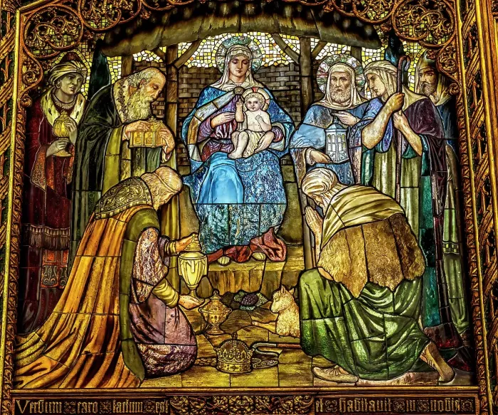 Framed Print : Colorful Three Kings Nativity Screen St. Saviour's Church, Dartmouth, Devon, England. Originally founded in 1372. (Editorial Use Only)