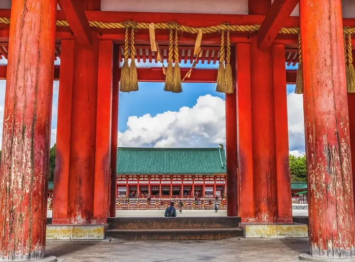 Framed Print : Colorful large red entrance gate, Heian-jingu Shrine, Kyoto, Japan. Built in 1895 the Heian Shrine is a copy of the Emperor's Imperial Palace in 1100's. (Editorial Use Only) Framed Print : Colorful large red entrance gate, Heian-jingu Shrine, Kyoto, Japan. Built in 1895 the Heian Shrine is a copy of the Emperor's Imperial Palace in 1100's. (Editorial Use Only)