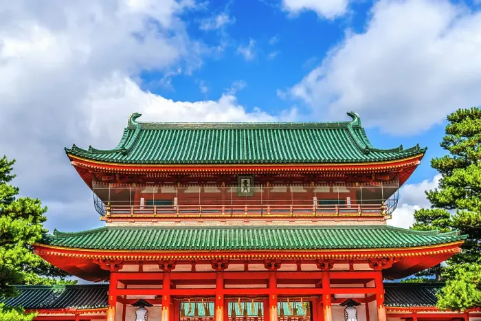 Framed Print : Colorful large red gate Otenmon, Heian-jingu Shrine, Kyoto, Japan. Built in 1895 the Heian Shrine is a copy of the Emperor's Imperial Palace in 1100's Framed Print : Colorful large red gate Otenmon, Heian-jingu Shrine, Kyoto, Japan. Built in 1895 the Heian Shrine is a copy of the Emperor's Imperial Palace in 1100's