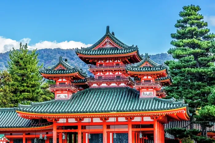 Framed Print : Colorful large red Soryu-ro Blue Dragon Tower, Heian-jingu Shrine, Kyoto, Japan. Built in 1895 the Heian Shrine is a copy of the Emperor's Imperial Palace in 1100's
