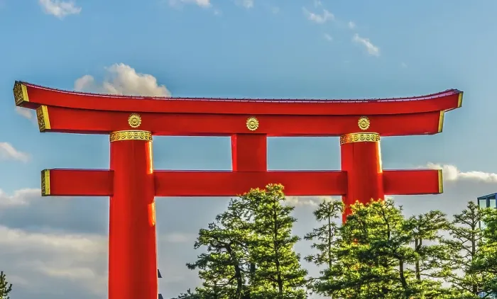 Framed Print : Colorful large red Tori Gate, Heian-jingu Shrine, Kyoto, Japan. Tori gates are traditional Japanese gateway marking transition from the everyday world to the sacred in Shinto shrines. Heian built in 1895 Framed Print : Colorful large red Tori Gate, Heian-jingu Shrine, Kyoto, Japan. Tori gates are traditional Japanese gateway marking transition from the everyday world to the sacred in Shinto shrines. Heian built in 1895