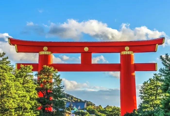 Framed Print : Colorful large red Tori Gate, Heian-jingu Shrine, Kyoto, Japan. Tori gates are traditional Japanese gateway marking transition from the everyday world to the sacred in Shinto shrines. Heian built in 1895 Framed Print : Colorful large red Tori Gate, Heian-jingu Shrine, Kyoto, Japan. Tori gates are traditional Japanese gateway marking transition from the everyday world to the sacred in Shinto shrines. Heian built in 1895