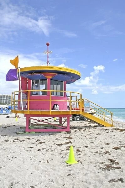 Colorful lifeguard stand modern art deco architecture, Miami Beach Florida