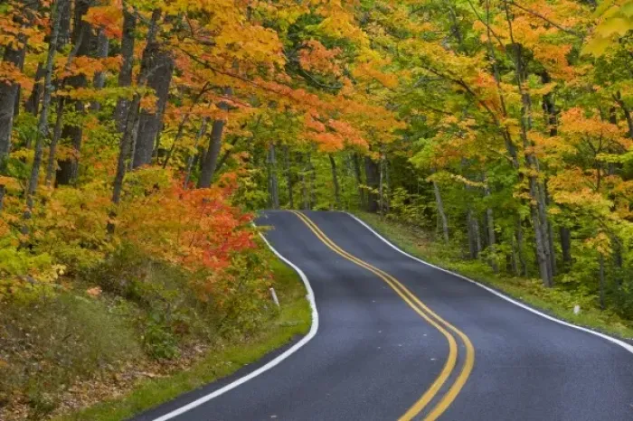 Framed Print : Colorful maple trees in autumn line scenic Highway 41 as it leads into Copper Harbor