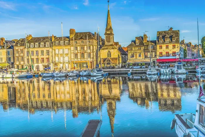 Framed Print : Colorful marina, Inner Harbor, Honfleur, France. Honfleur is famous for its reflections, which inspired Monet