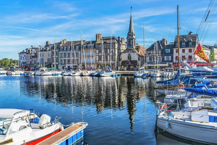 Framed Print : Colorful marina, Inner Harbor, Honfleur, France. Honfleur is famous for its reflections, which inspired Monet