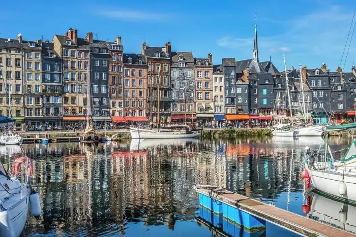 Framed Print : Colorful marina, Inner Harbor, Honfleur, France. Honfleur is famous for its reflections, which inspired Monet