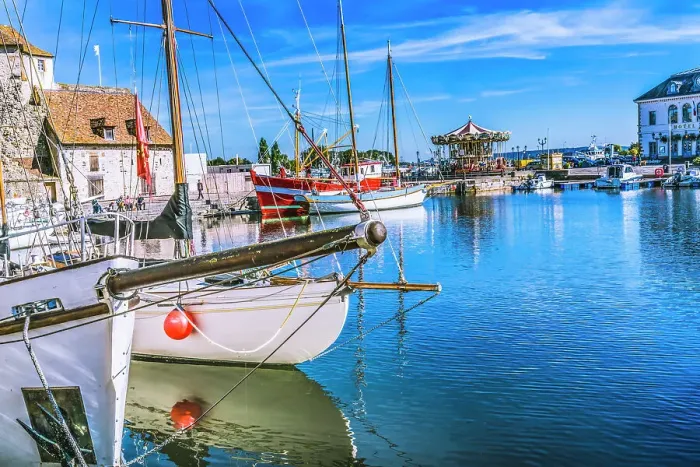Framed Print : Colorful marina, Inner Harbor, Honfleur, France. Honfleur is famous for its reflections, which inspired Monet