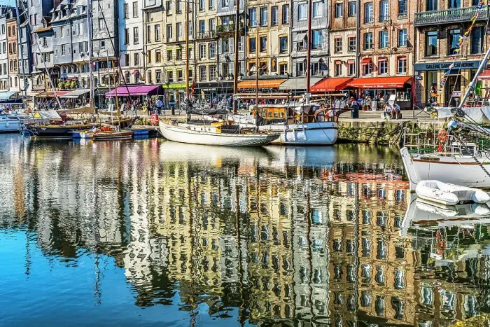 Framed Print : Colorful marina, Inner Harbor, Honfleur, France. Honfleur is famous for its reflections, which inspired Monet