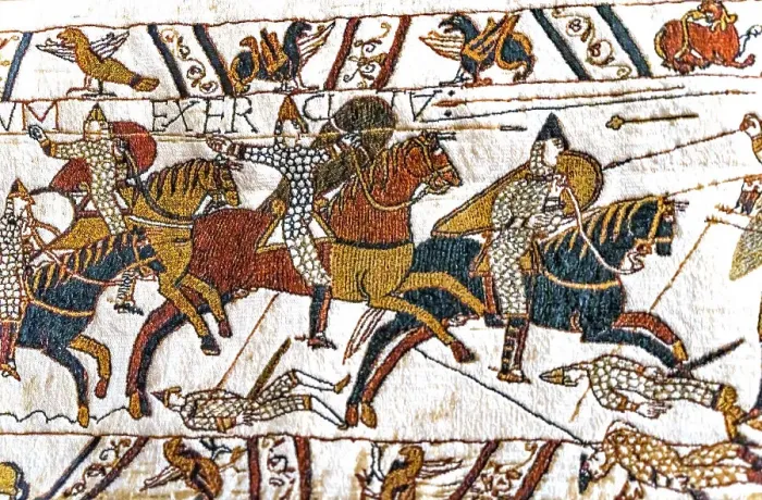 Framed Print : Colorful Medieval Bayeux tapestry, Bayeux, Normandy, France. Created 11th century right after Battle of Hastings 1066 AD showing Norman Conquest. Shows Norman calvary battle and deaths in lower panel