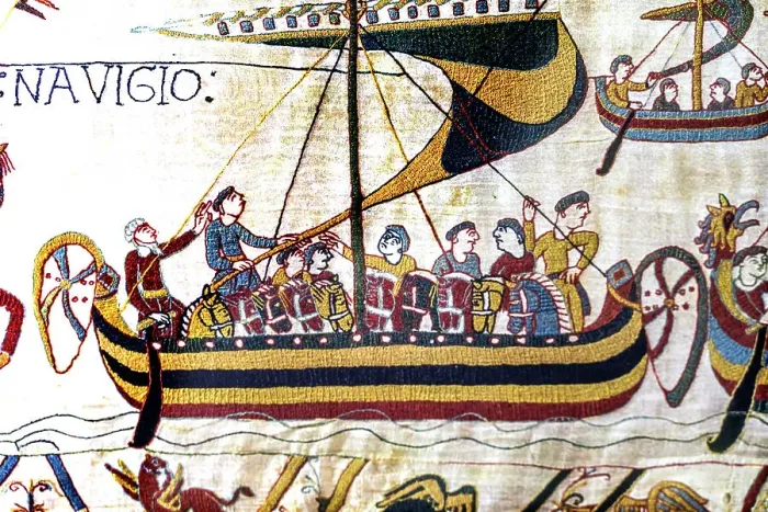 Framed Print : Colorful Medieval Bayeux tapestry, Bayeux, Normandy, France. Created 11th century right after Battle of Hastings 1066 AD showing Norman Conquest. Shows Norman Invasion Ship Framed Print : Colorful Medieval Bayeux tapestry, Bayeux, Normandy, France. Created 11th century right after Battle of Hastings 1066 AD showing Norman Conquest. Shows Norman Invasion Ship