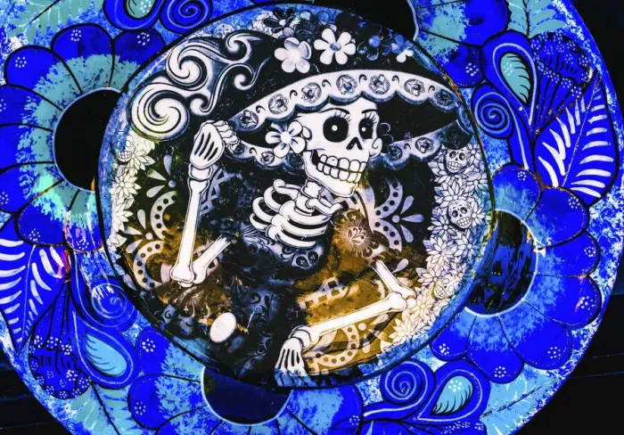 Framed Print : Colorful Mexican ceramic. Day of the Dead skeleton blue plate handicraft Los Cabos Framed Print : Colorful Mexican ceramic. Day of the Dead skeleton blue plate handicraft Los Cabos