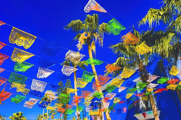 Colorful Mexican Christmas paper decorations. San Jose del Cabo, Mexico