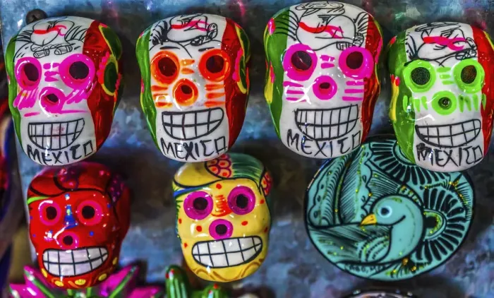 Framed Print : Colorful Mexican magnets. Day of the Dead handicrafts, Los Cabos, Cabo San Lucas, Mexico