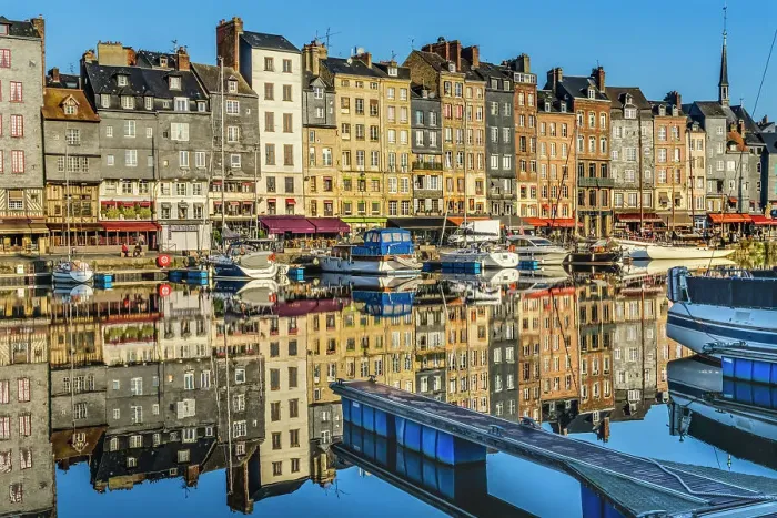 Framed Print : Colorful morning waterfront reflections, Inner Harbor, Honfleur, France. Honfleur is famous for its reflections, which inspired Monet