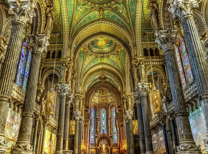 Framed Print : Colorful mosaics, altar, stained glass, Basilica of Notre Dame de Fourviere, Lyon, France. Built from 1872 to 1896. (Editorial Use Only) Framed Print : Colorful mosaics, altar, stained glass, Basilica of Notre Dame de Fourviere, Lyon, France. Built from 1872 to 1896. (Editorial Use Only)